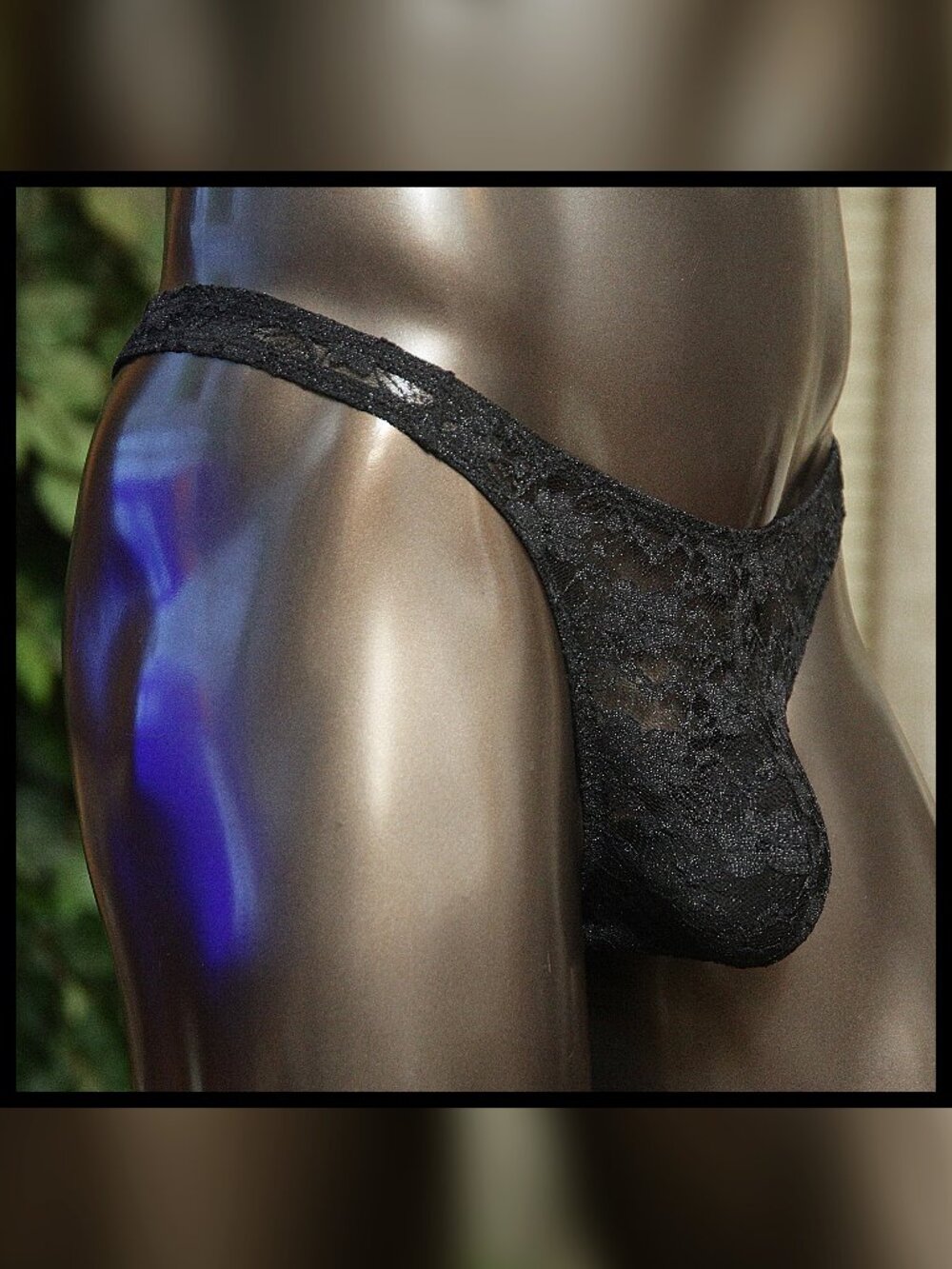 Mens Black Silver Sparkle Lace Thong Handmade - Picture 2 of 4
